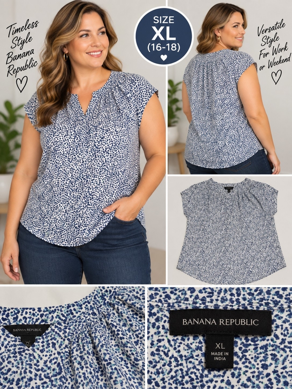 Banana republic Women's XL white blue speckled blouse #31